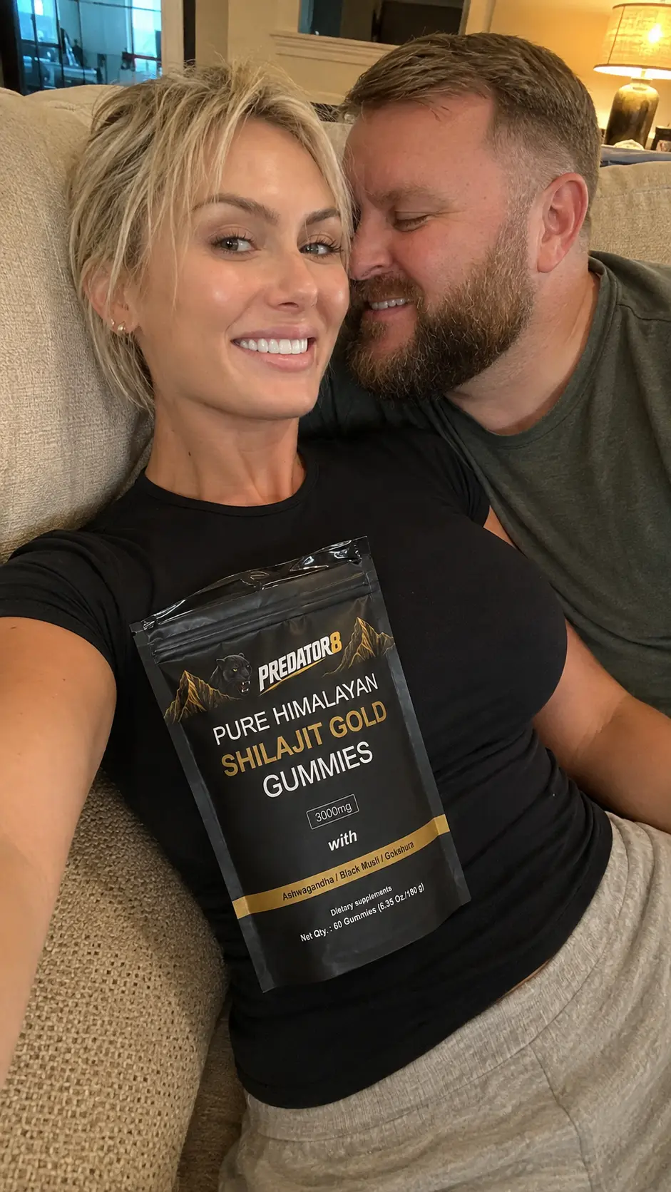 Couple on the couch with an open PREDATOR8 pouch