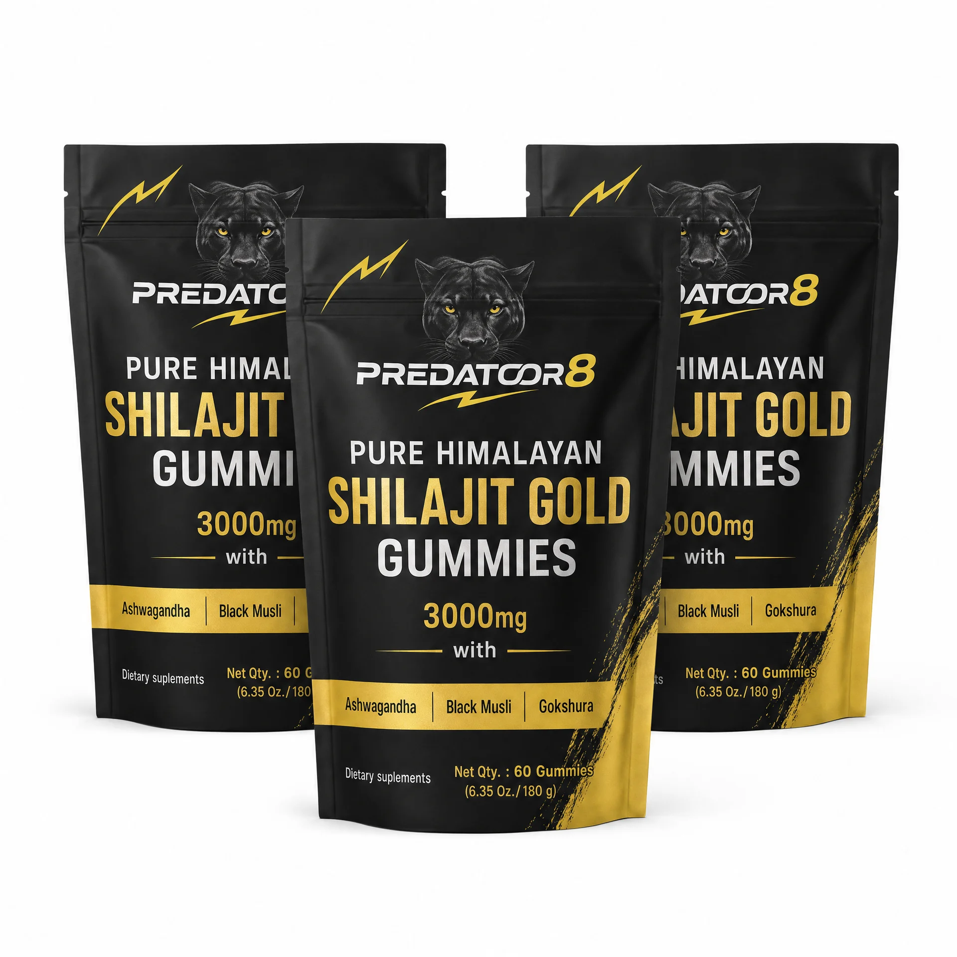 Three PREDATOR8 Shilajit Gold Gummies pouches side by side