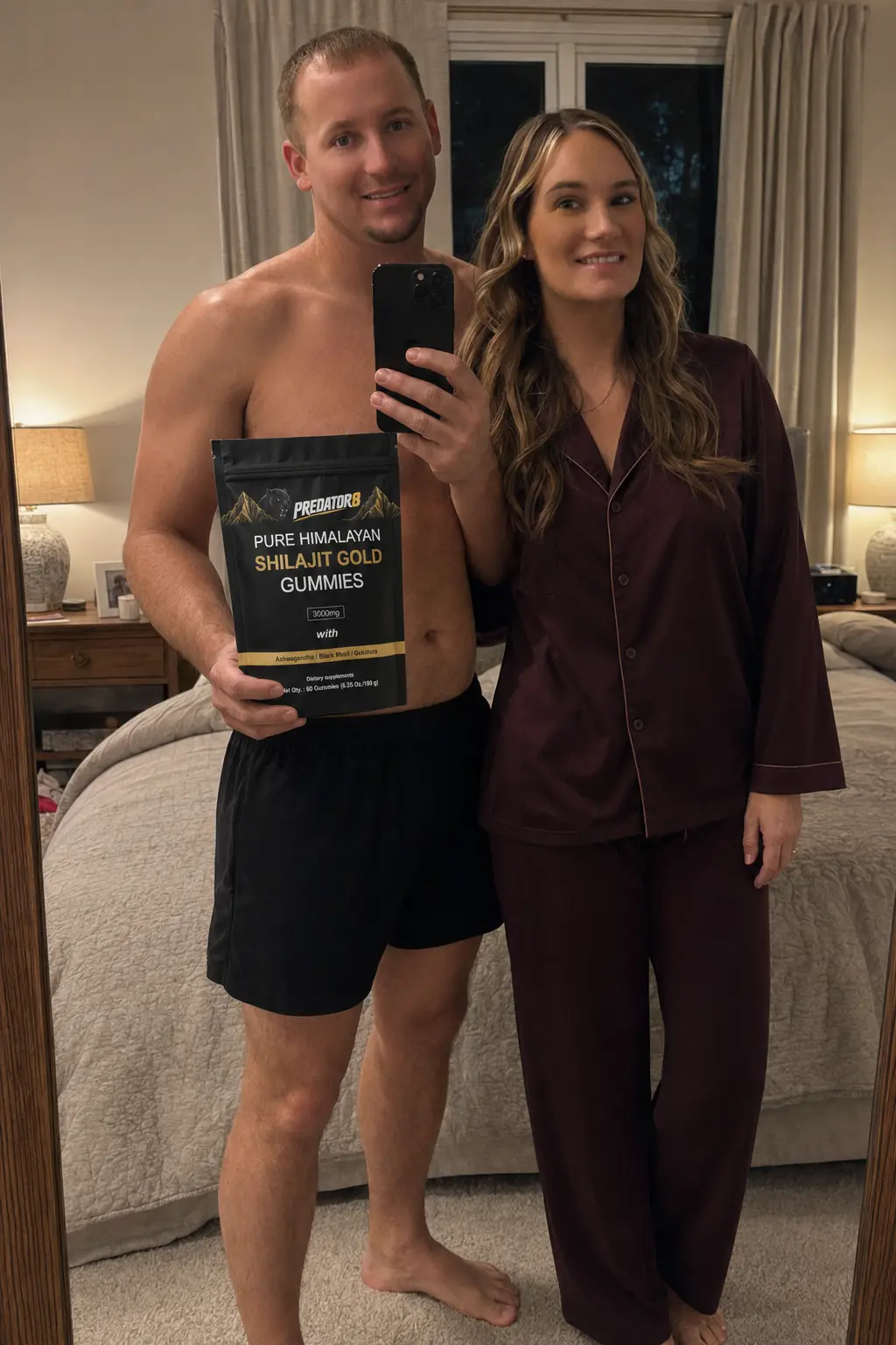 Couple in the bedroom holding a PREDATOR8 pouch